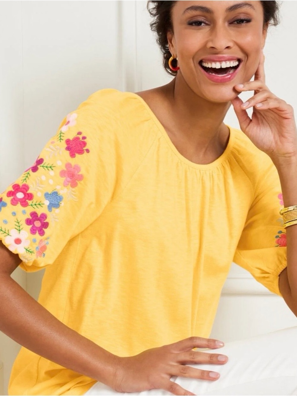 Talbots Yellow Floral Embroidered Puff-Sleeve Top. - Picture 1 of 6